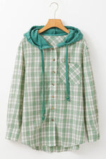 Load image into Gallery viewer, Black Checkered Print Loose Fit Buttoned Hooded Shacket - Fashion Queen
