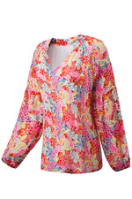 Load image into Gallery viewer, Fiery Red White Floral Print V Neck Long Puff Sleeve Top - Fashion Queen -  12
