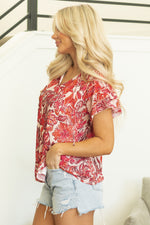 Load image into Gallery viewer, Red Vintage Floral Ruffle Sleeve V Neck Blouse
