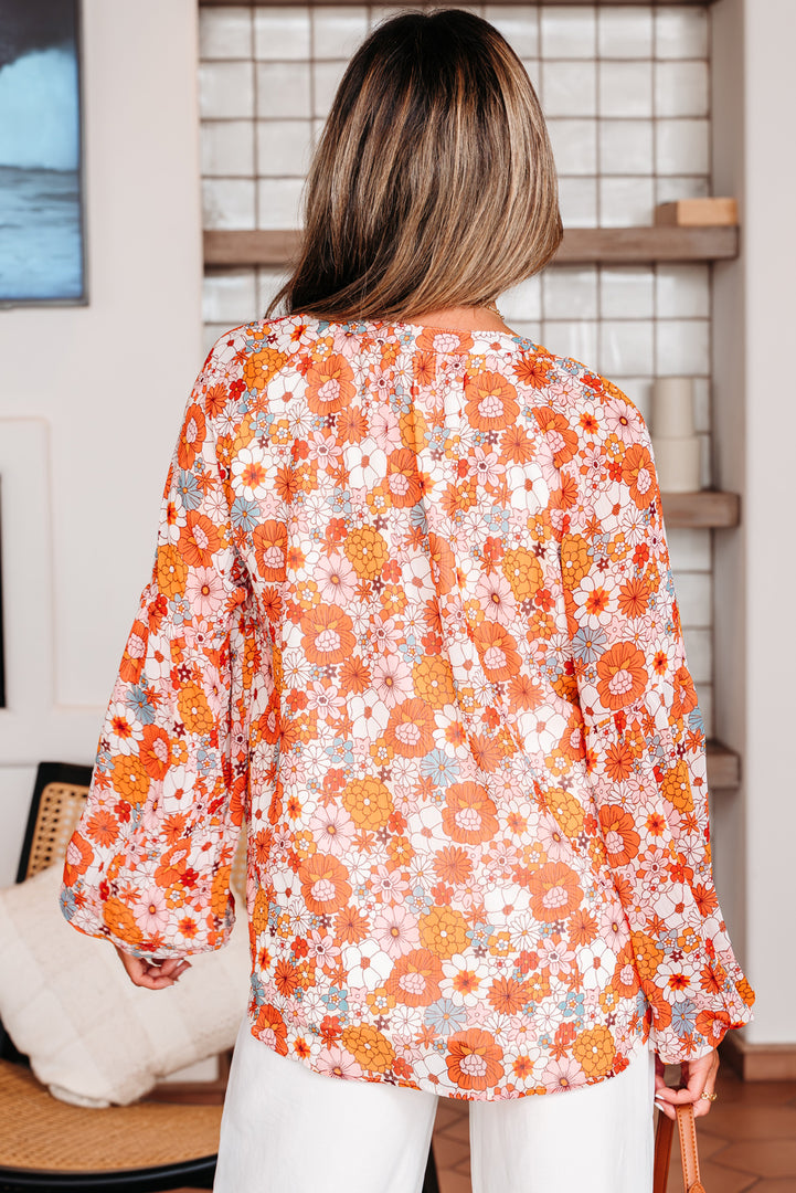 Fiery Red White Floral Print V Neck Long Puff Sleeve Top