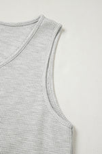 Load image into Gallery viewer, Light Grey Waffle Knit Sleeveless Buttoned Front Drawstring Waist Romper
