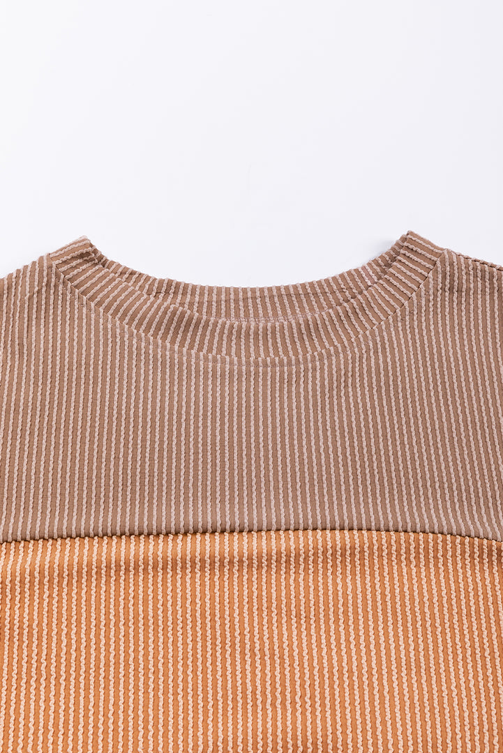Multicolor Color Block Long Sleeve Ribbed Loose Top