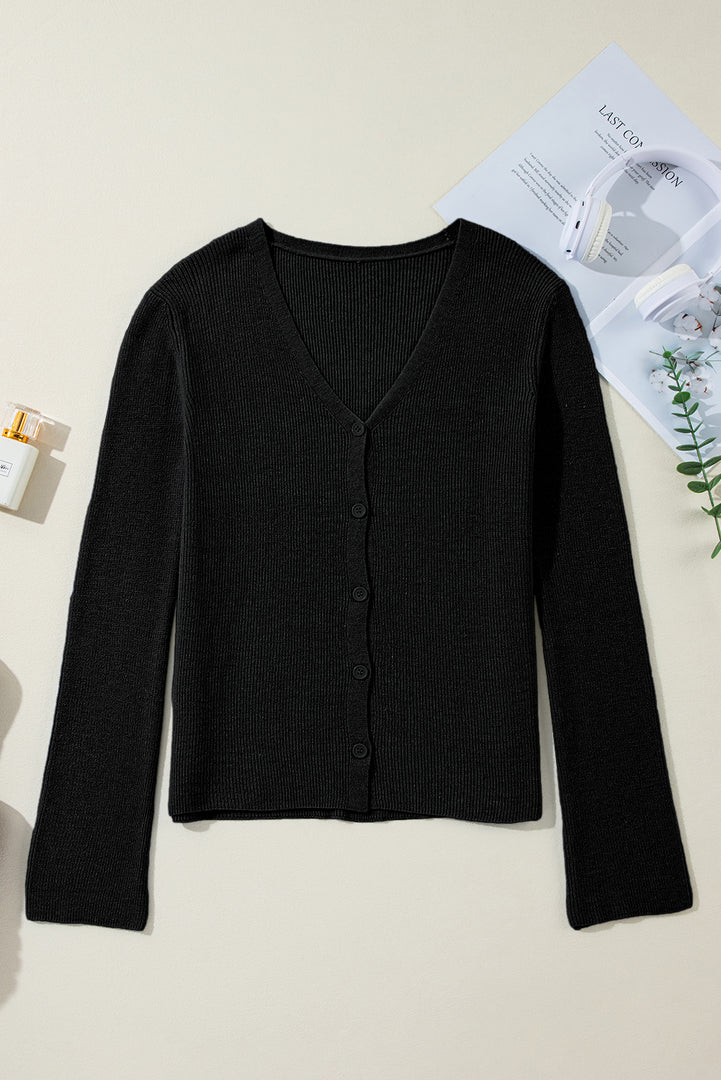 White Lightweight Ribbed Knit Button Front V Neck Cardigan