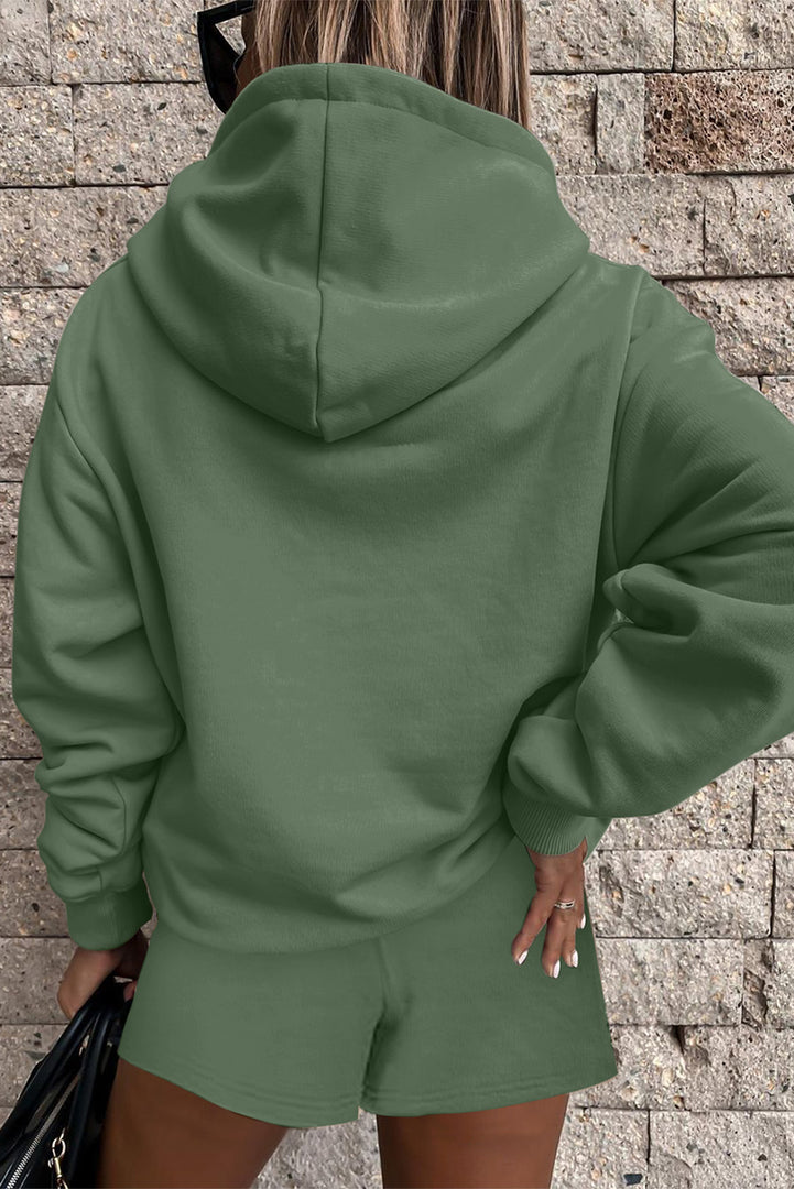 Black Button Drawstring Hooded Pullover and Casual Short Set