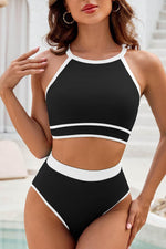Load image into Gallery viewer, Blue Contrast Trim Crisscross Back High Waisted Bikini - Fashion Queen -  4
