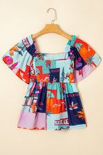 Load image into Gallery viewer, Sky Blue Tropical Printed Square Neck Flutter Sleeve Babydoll Blouse
