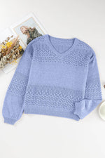Load image into Gallery viewer, Black Eyelet Pattern Detail V Neck Drop Shoulder Sweater - Fashion Queen

