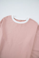 Load image into Gallery viewer, Pink Varsity Stripe Patchwork Puff Sleeve Pullover Drawstring Wide Leg Pant Set

