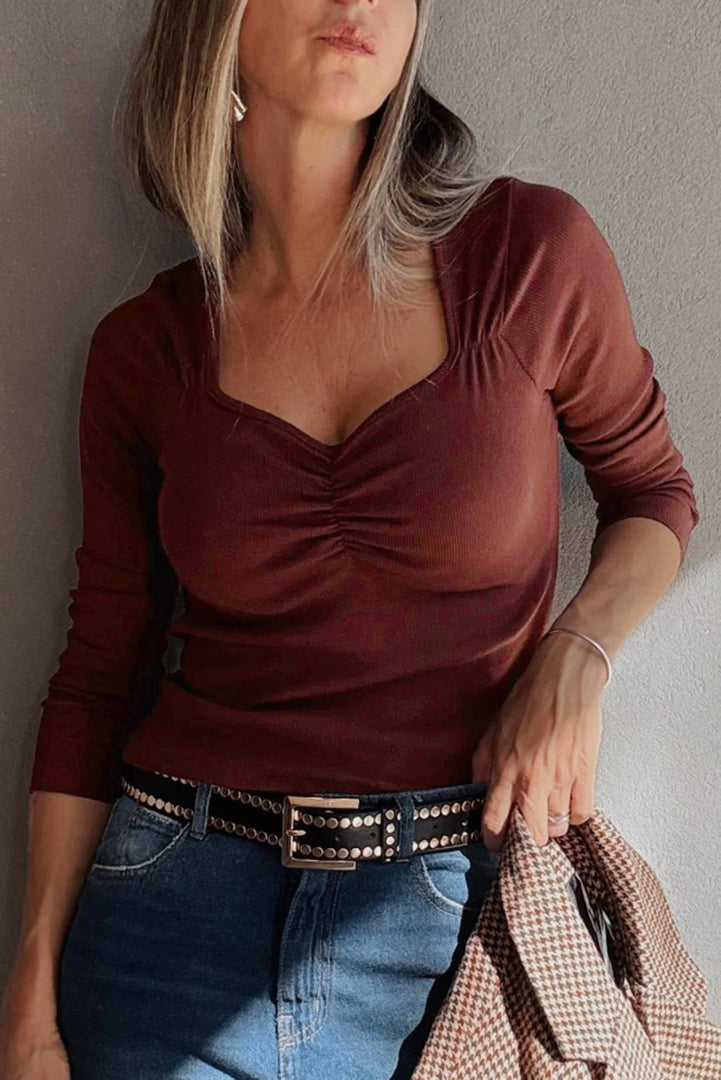 Burgundy Gathered Bust Square Neck Ribbed Fit Long Sleeve Top - Fashion Queen -  5