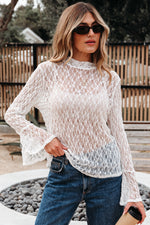 Load image into Gallery viewer, White Sheer Lace Bell Sleeve Mock Neck Blouse
