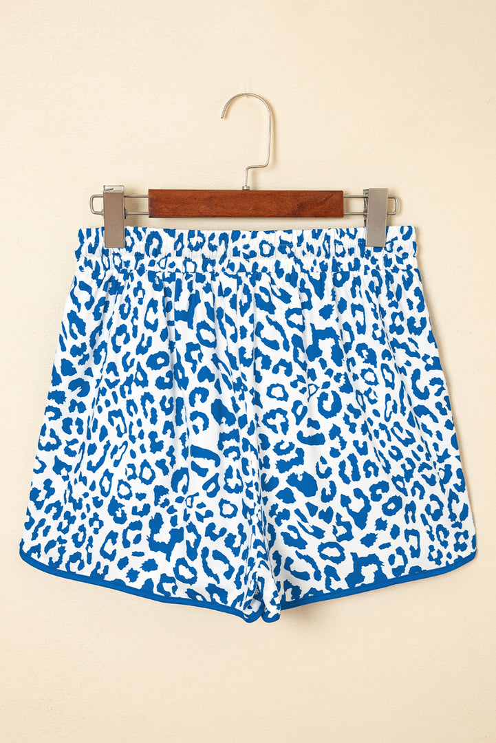 Pink Leopard Elastic Waist Lace up Contrast Trim Casual Shorts