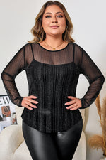 Load image into Gallery viewer, Black Plus Size Shimmer Textured Mesh Fitted Long Sleeve Top
