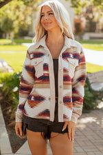Load image into Gallery viewer, Multicolour Western Aztec Striped Patchwork Double Flap Pocket Raw Hem Shacket
