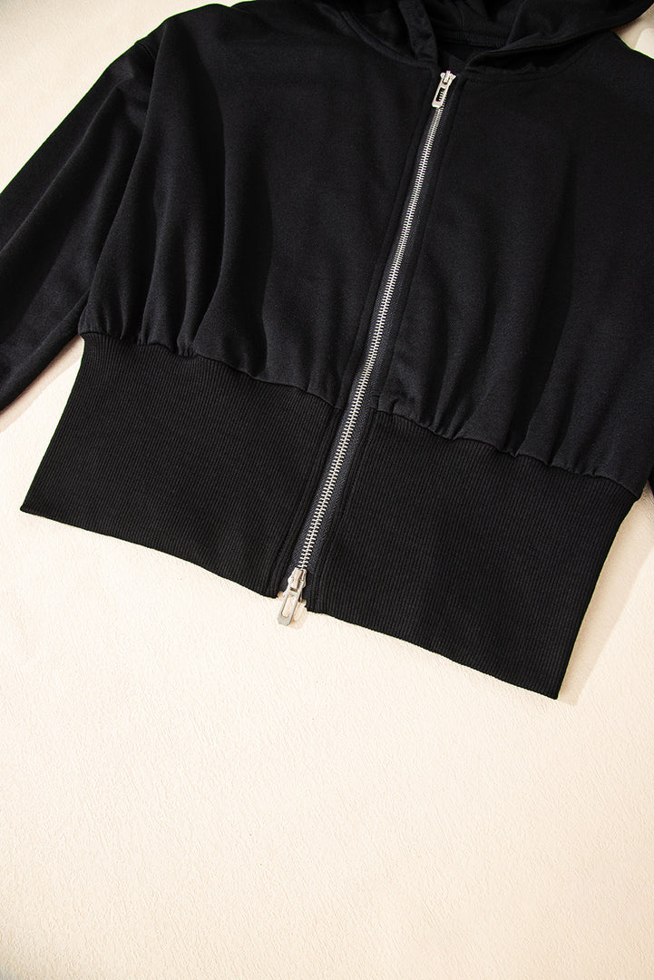 Black Double Zipper Hooded Jacket and Sweatpants Active Set