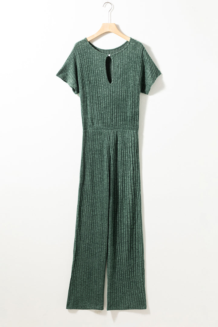 Mist Green Ribbed Keyhole Short Sleeve Wide Leg Jumpsuit - Fashion Queen -  5