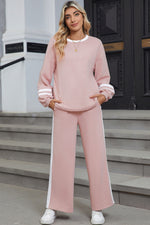 Load image into Gallery viewer, Pink Varsity Stripe Patchwork Puff Sleeve Pullover Drawstring Wide Leg Pant Set
