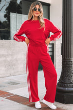 Load image into Gallery viewer, Fiery Red Varsity Striped Detail Crewneck Pullover Elastic Sweatpants 2pcs Outfit
