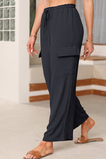 Load image into Gallery viewer, Black Drawstring Frilled Waist Wide Leg Utility Trousers
