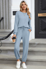 Load image into Gallery viewer, Dusk Blue Solid Color Ribbed Loose Long Sleeve Top Casual Pant Set

