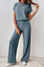 Load image into Gallery viewer, Mist Green Ribbed Keyhole Short Sleeve Wide Leg Jumpsuit - Fashion Queen -  11
