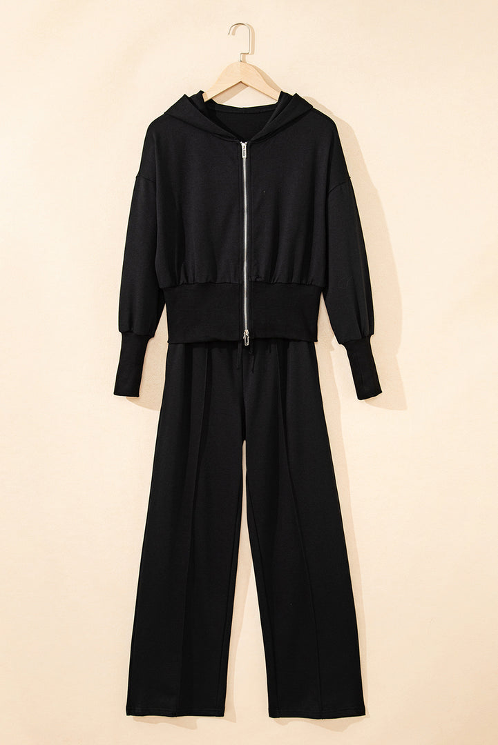 Black Double Zipper Hooded Jacket and Sweatpants Active Set