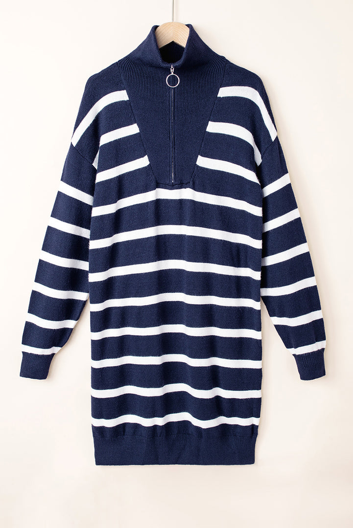 Blue Striped O-ring Zip Collared Loose Sweater Mini Dress - Fashion Queen -  13