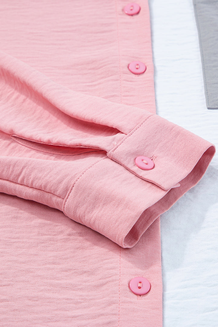 Dusty Pink Color Block/Pure Color Patch Pocket Shirt - Fashion Queen -  22