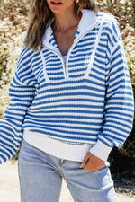Load image into Gallery viewer, Pink Stripe Zip up Collar Drop Shoulder Sweater - Fashion Queen

