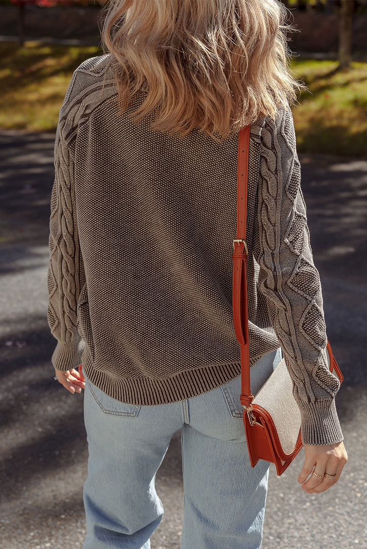 Dark Brown Contrast Cable Knit Sleeve Casual Sweater - Fashion Queen -  5