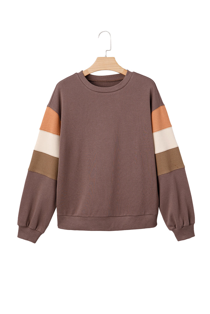 Dark Khaki Color Block Drop Shoulder Pullover Casual Sweatshirt