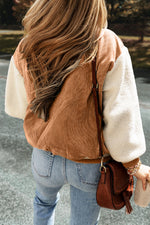 Load image into Gallery viewer, Mist Green Corduroy Fleece Patchwork Buttoned Bomber Jacket
