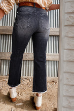 Load image into Gallery viewer, Carbon Grey Mineral Wash Raw Hem High Waist Flared Jeans
