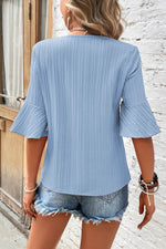 Load image into Gallery viewer, Peach Blossom Ruffled Half Sleeve V Neck Textured Top - Fashion Queen
