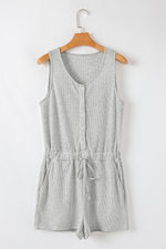 Load image into Gallery viewer, Light Grey Waffle Knit Sleeveless Buttoned Front Drawstring Waist Romper
