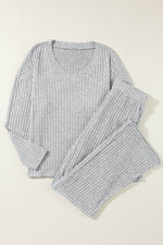 Load image into Gallery viewer, Black Ribbed Knit V Neck Slouchy Two-piece Outfit - Fashion Queen
