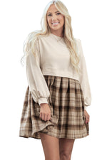 Load image into Gallery viewer, Beige Plaid Patchwork High Waist Sweatshirt Mini Dress
