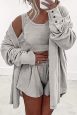 Load image into Gallery viewer, Gray 3 Pcs Crop Tank Top Shorts with Cardigan Lounge Set
