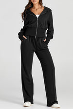 Load image into Gallery viewer, Black Double Zipper Hooded Jacket and Sweatpants Active Set
