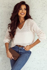 Load image into Gallery viewer, Black Eyelet Pattern Detail V Neck Drop Shoulder Sweater - Fashion Queen
