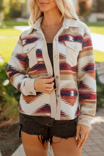 Load image into Gallery viewer, Multicolour Western Aztec Striped Patchwork Double Flap Pocket Raw Hem Shacket
