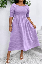 Load image into Gallery viewer, Wisteria Swiss Dot Smocked Frilled Neckline Short Sleeve Plus Size Dress
