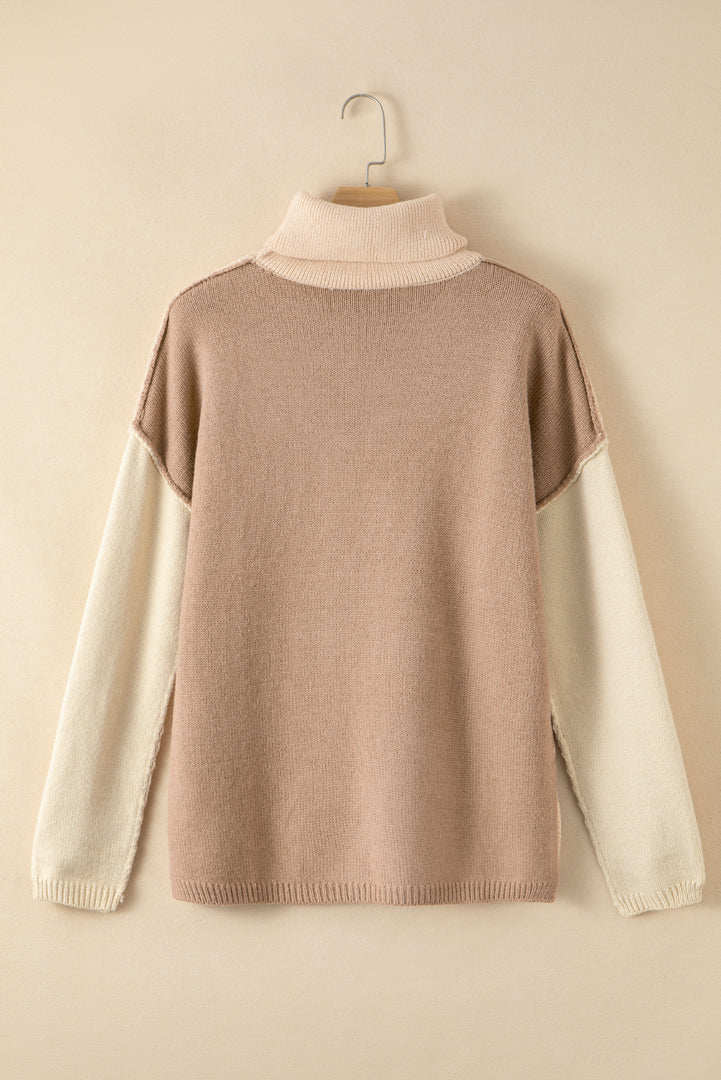 White Color Block Turtle Neck Drop Shoulder Knit Sweater