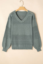 Load image into Gallery viewer, Black Eyelet Pattern Detail V Neck Drop Shoulder Sweater - Fashion Queen
