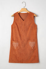 Load image into Gallery viewer, Gold Flame Corduroy Western Embroidered Patched Pocket Shift Sleeveless Mini Dress - Fashion Queen -  5
