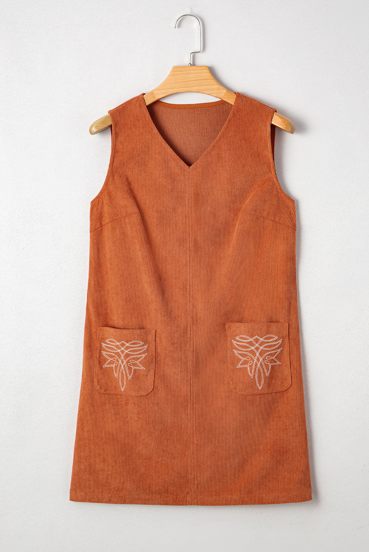 Gold Flame Corduroy Western Embroidered Patched Pocket Shift Sleeveless Mini Dress - Fashion Queen -  5