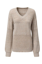 Load image into Gallery viewer, Black Eyelet Pattern Detail V Neck Drop Shoulder Sweater - Fashion Queen
