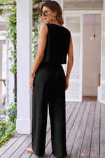 Load image into Gallery viewer, Black Buttoned Vest Drawstring Wide Leg Pants 2pcs Set
