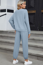 Load image into Gallery viewer, Dusk Blue Solid Color Ribbed Loose Long Sleeve Top Casual Pant Set
