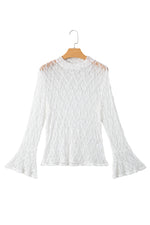 Load image into Gallery viewer, White Sheer Lace Bell Sleeve Mock Neck Blouse
