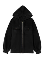 Load image into Gallery viewer, Black Flap Pocket Drawstring Hood Zip Up Jacket
